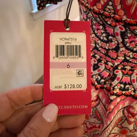 Vince Camuto Colorful Pink and White Fit and Flare Sleeveless V-neck Dress - Picture 6 of 10